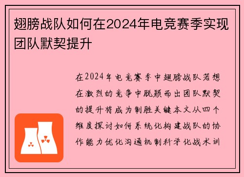 翅膀战队如何在2024年电竞赛季实现团队默契提升
