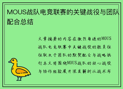 MOUS战队电竞联赛的关键战役与团队配合总结