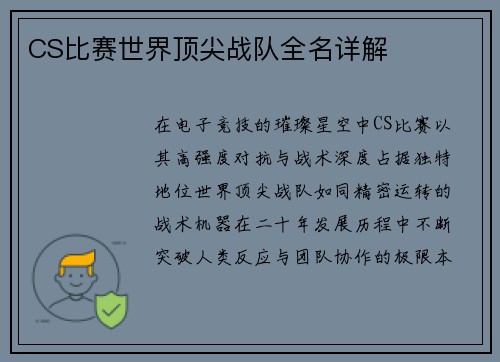 CS比赛世界顶尖战队全名详解